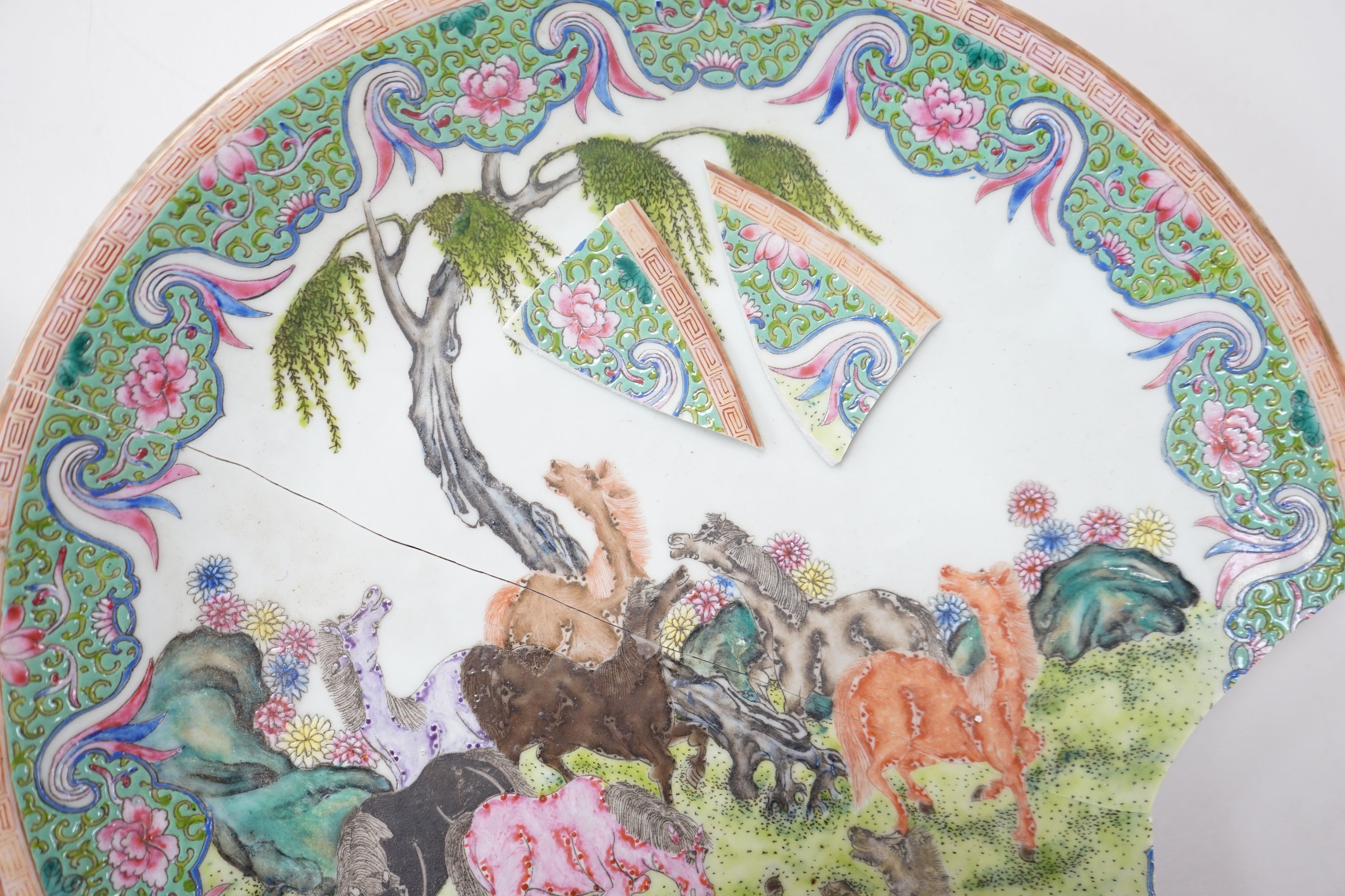 A 19th century Japanese Imari dish, 30cm and a damaged Chinese famille rose dish, 33.5cm 34cm